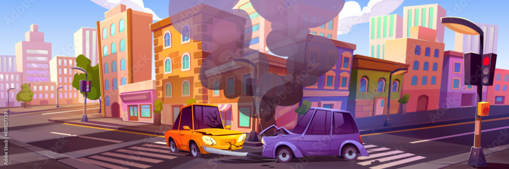 Obraz premium Car accident on city street corner. Vector cartoon illustration of two smashed autos standing on downtown road after bumper collision, oil stain on asphalt, smoke in air. Traffic rules violation