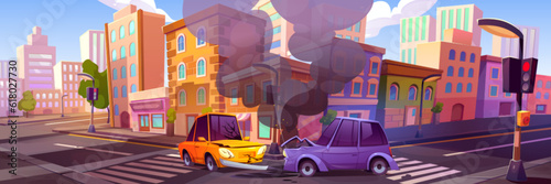 Car accident on city street corner. Vector cartoon illustration of two smashed autos standing on downtown road after bumper collision, oil stain on asphalt, smoke in air. Traffic rules violation © klyaksun