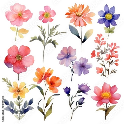 Watercolor flowers. Set Watercolor of multicolored colorful soft flowers. Flowers are isolated on a white background. Flowers pastel colors. generative ai