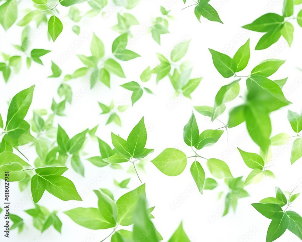Delicate green leaves elegantly scattered among a pristine white background, evoking a sense of serenity and natural beauty. generative AI.