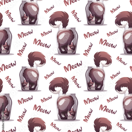 Seamless pattern with Funny cat in the glass jar. Pet, kitty, domestic life, animal concept. Vector illustration.