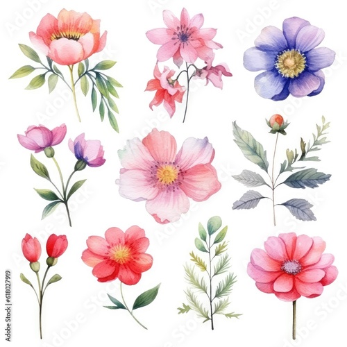 Watercolor flowers. Set Watercolor of multicolored colorful soft flowers. Flowers are isolated on a white background. Flowers pastel colors. generative ai