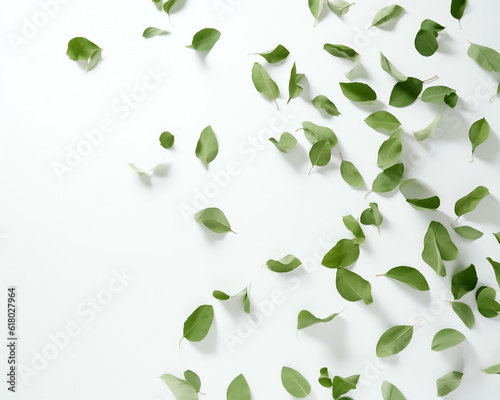 Delicate green leaves elegantly scattered among a pristine white background, evoking a sense of serenity and natural beauty. generative AI.