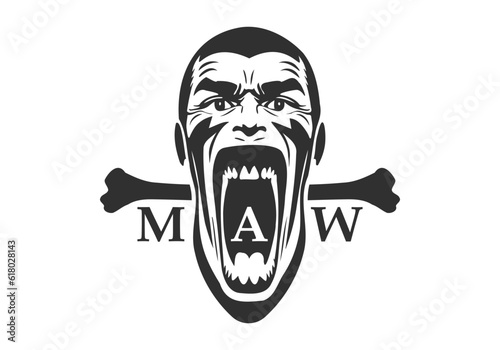 Vector monochrome scary terrifying portrait of a human monster with a wide open huge maw and bone. Logo, stencil or icon. White isolated background.