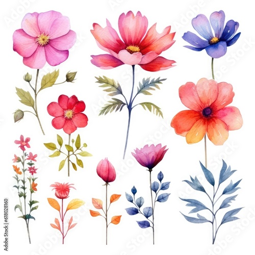 Watercolor flowers. Set Watercolor of multicolored colorful soft flowers. Flowers are isolated on a white background. Flowers pastel colors. generative ai