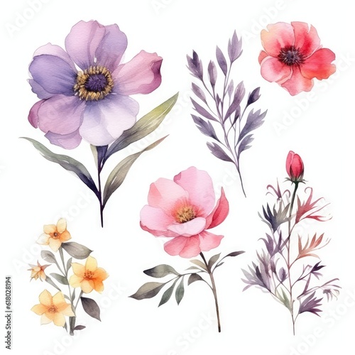 Watercolor flowers. Set Watercolor of multicolored colorful soft flowers. Flowers are isolated on a white background. Flowers pastel colors. generative ai