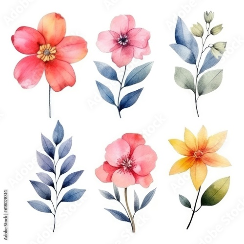 Watercolor flowers. Set Watercolor of multicolored colorful soft flowers. Flowers are isolated on a white background. Flowers pastel colors. generative ai