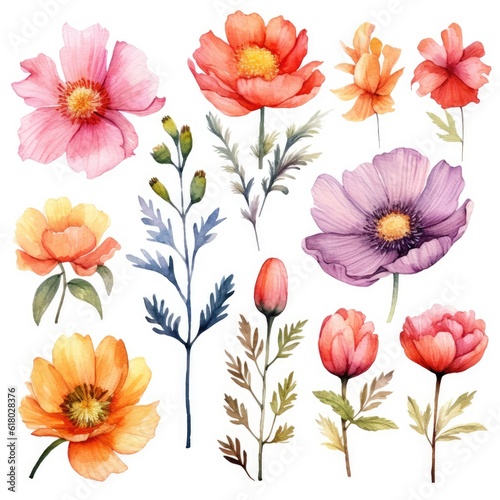 Watercolor flowers. Set Watercolor of multicolored colorful soft flowers. Flowers are isolated on a white background. Flowers pastel colors. generative ai