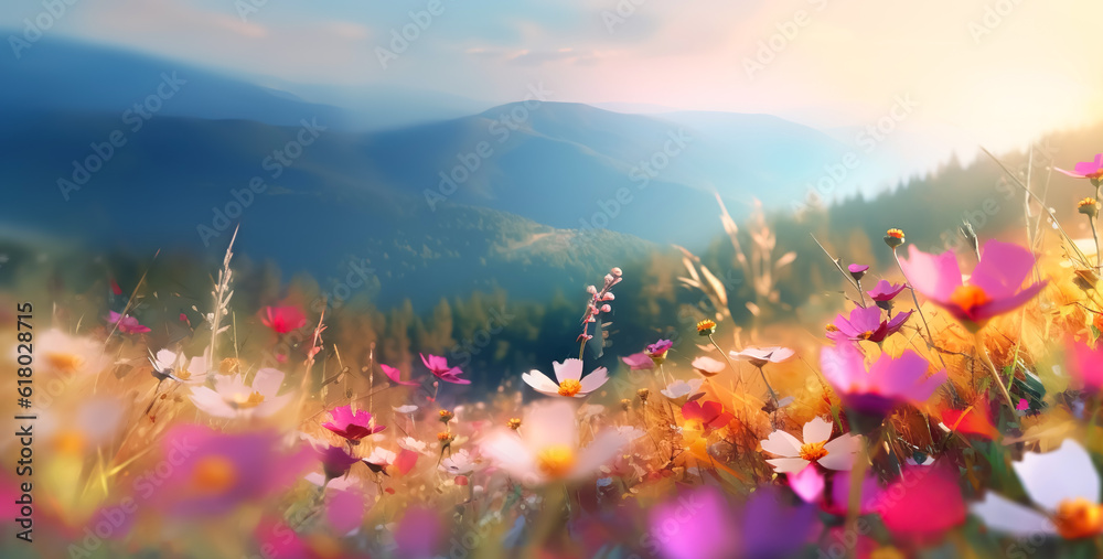 Selcetive focus.multicolor of cosmos blooming flower with meadow and mountain view.nature landscape background.generative ai art