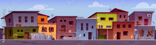 Poor ghetto city street district with slum house building vector background. Cartoon india village neighborhood with favela and broken abandoned dwelling exterior. Dilapidated cityscape with garbage photo