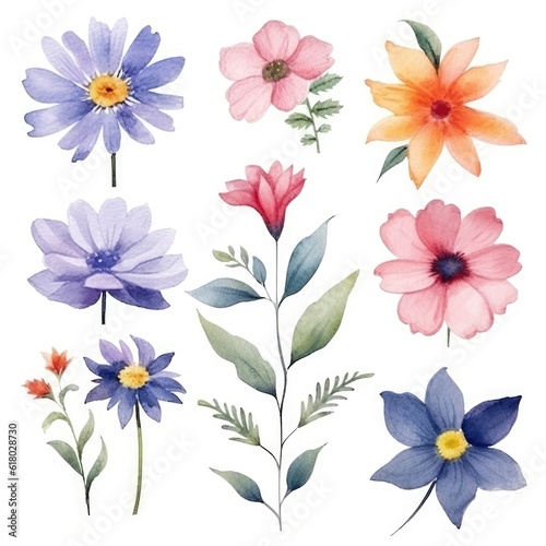 Watercolor flowers. Set Watercolor of multicolored colorful soft flowers. Flowers are isolated on a white background. Flowers pastel colors. generative ai