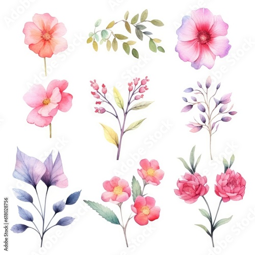 Watercolor flowers. Set Watercolor of multicolored colorful soft flowers. Flowers are isolated on a white background. Flowers pastel colors. generative ai © Nikolai