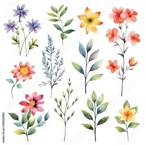 Watercolor flowers. Set Watercolor of multicolored colorful soft flowers. Flowers are isolated on a white background. Flowers pastel colors. generative ai