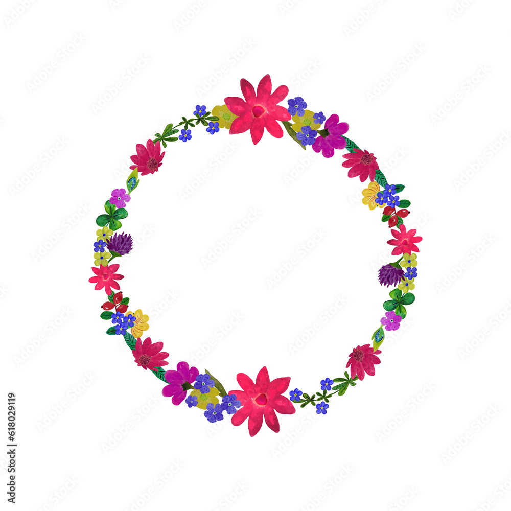 Wreath watercolor frame. Bright composition of leaves and colorful flowers. Suitable for the design of printing products, greeting cards, congratulations and holidays. summer flowers