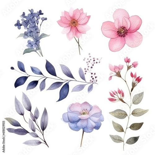 Watercolor flowers. Set Watercolor of multicolored colorful soft flowers. Flowers are isolated on a white background. Flowers pastel colors. generative ai