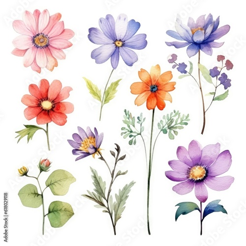 Watercolor flowers. Set Watercolor of multicolored colorful soft flowers. Flowers are isolated on a white background. Flowers pastel colors. generative ai