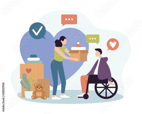 Woman brought charitable donation to man in wheelchair. Volunteer helps disabled people at home. Female vector character is engaged in targeted delivery of charity aid. Charity and donations