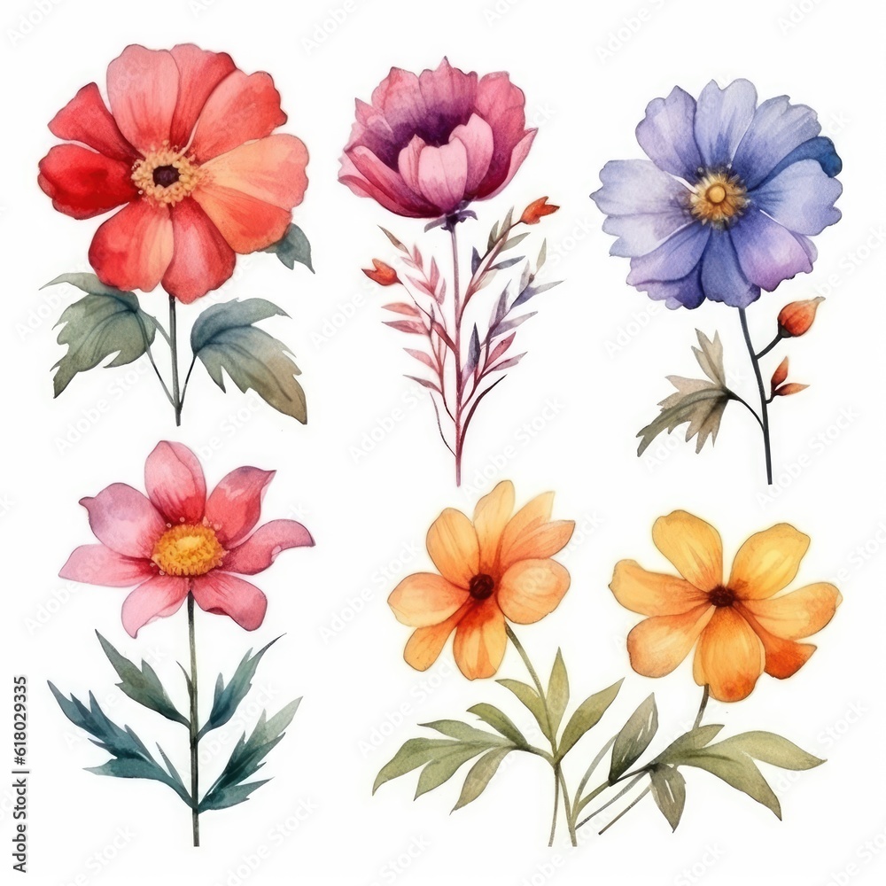 custom made wallpaper toronto digitalWatercolor flowers. Set Watercolor of multicolored colorful soft flowers. Flowers are isolated on a white background. Flowers pastel colors. generative ai