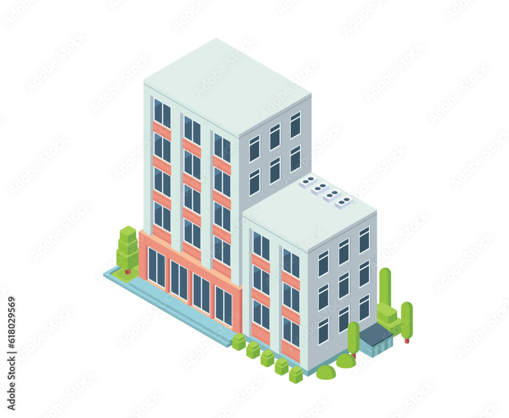 Vector illustration of flat isometric building, office or apartment city illustration element