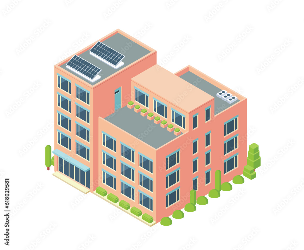 Vector illustration of flat isometric building, office or apartment city illustration element