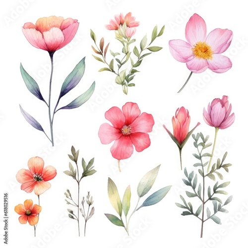 Watercolor flowers. Set Watercolor of multicolored colorful soft flowers. Flowers are isolated on a white background. Flowers pastel colors. generative ai