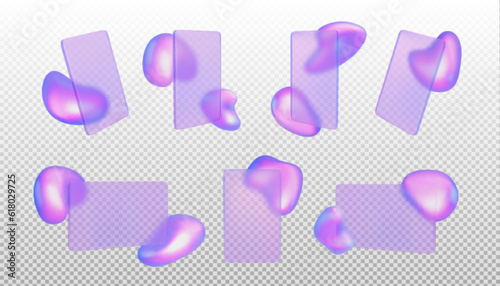 Realistic set of glassmorphism rectangles with abstract holographic design elements on transparent background. Vector illustration of vertical, horizontal, front, side view blurred phone screen, card