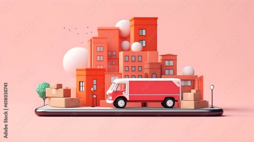 3d illustration of delivery truck and city on mobile phone online shopping concept created with Generative AI