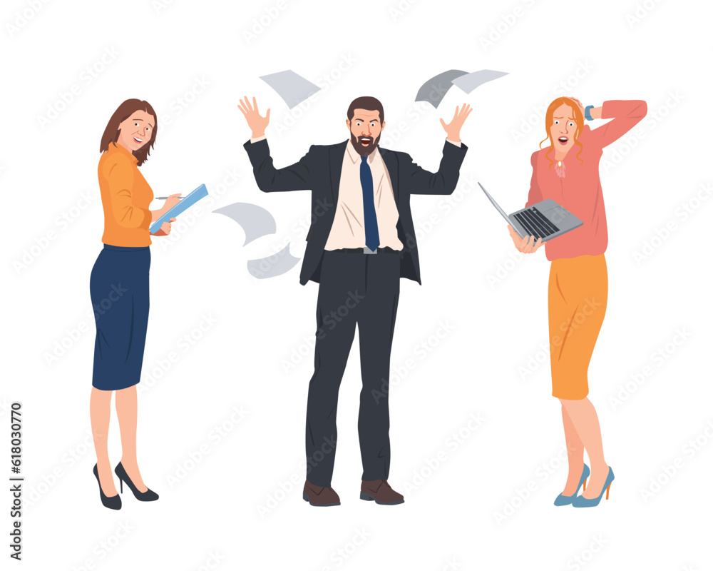Vector characters angry because of late work. Man throws documents into air, woman writes down remarks in notebook. Increasing productivity and efficiency in business