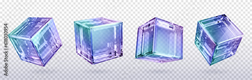 3d crystal light holographic glass cube vector isolated icon. Realistic geometric translucent block shape set with purple hologram refraction on different view. Futuristic gradient material clipart