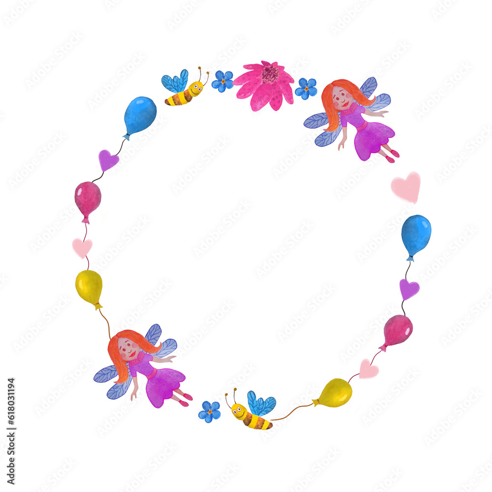 Bright festive watercolor wreath. Cute fairies with bees, balloons, hearts and flowers. Suitable for decoration of holidays for children, congratulations, printing products. cute frame for kids
