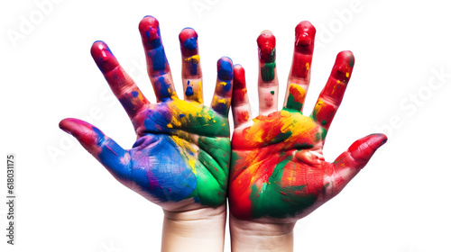 Kid's hands painted with colorful on isolate white background created with Generative AI