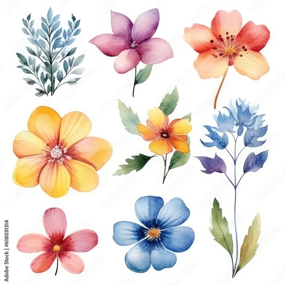 Watercolor flowers. Set Watercolor of multicolored colorful soft flowers. Flowers are isolated on a white background. Flowers pastel colors. 