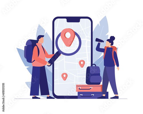 Tourists are looking for sight in unfamiliar city. Application for urban orientation. Travelers with luggage choose nearest hotel. Search for architectural monuments