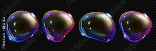 3d iridescent fluid glass spectrum foam vector. Realistic transparent soap bubble with dreamy neon rainbow light texture. Shampoo or powder abstract blow object icon. Clear soapy detergent air sphere