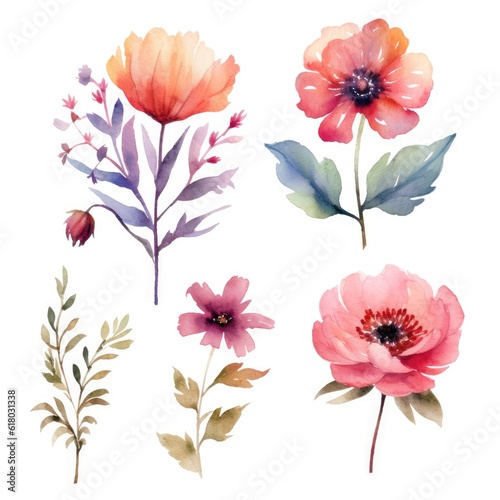 Watercolor flowers. Set Watercolor of multicolored colorful soft flowers. Flowers are isolated on a white background. Flowers pastel colors. 