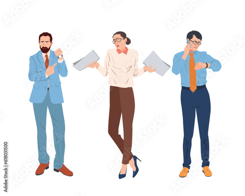 Reprimanded for being late at work. Woman does not finish project at agreed time. Angry man points to his wristwatch. Time management problems. Poor teamwork