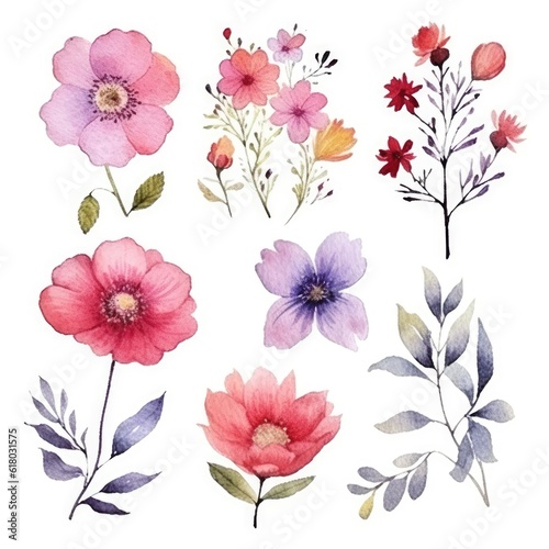 Watercolor flowers. Set Watercolor of multicolored colorful soft flowers. Flowers are isolated on a white background. Flowers pastel colors.  © Nikolai