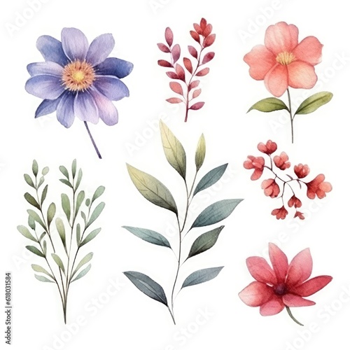 Watercolor flowers. Set Watercolor of multicolored colorful soft flowers. Flowers are isolated on a white background. Flowers pastel colors. 
