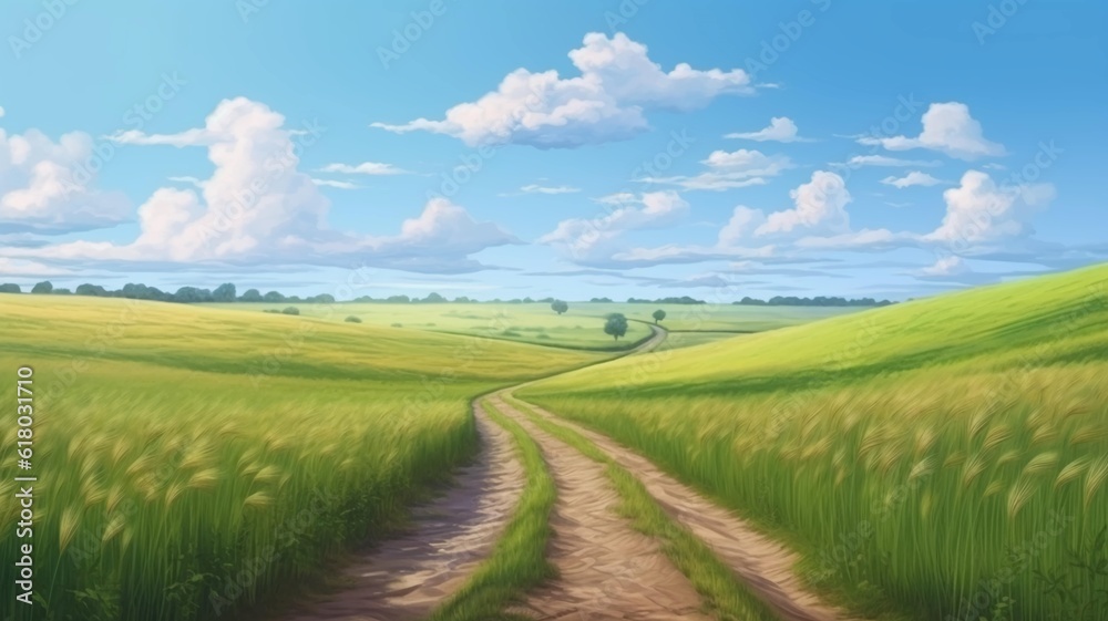 Rustic dirt scenic road with green grass and skyline with blue sky. AI generated