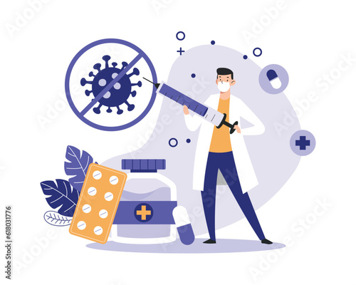 Vector character in lab coat preparing to defeat virus. Man holds giant syringe with vaccine. Set of medicines for viral diseases. Protection from pandemic outbreak