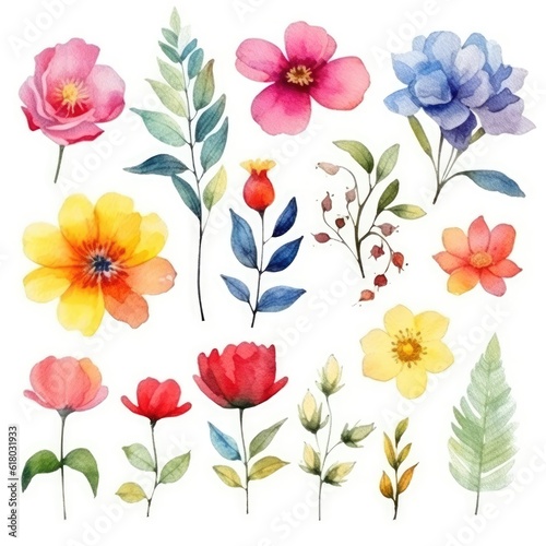 Watercolor flowers. Set Watercolor of multicolored colorful soft flowers. Flowers are isolated on a white background. Flowers pastel colors