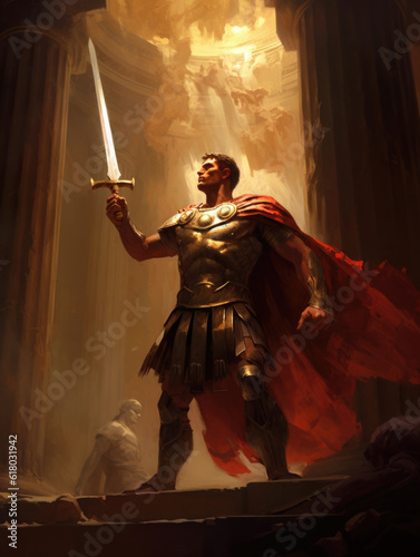 Gladiator in armor. Digital art. Generative AI.