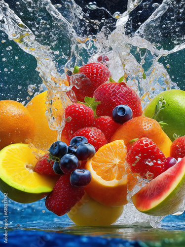 Fresh fruit falling into water Generative AI