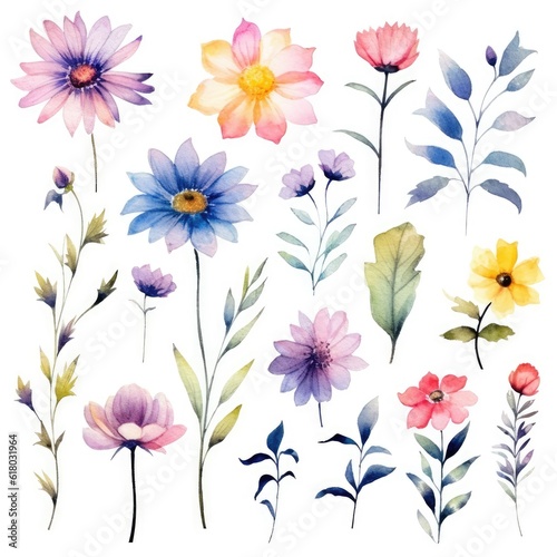 Watercolor flowers. Set Watercolor of multicolored colorful soft flowers. Flowers are isolated on a white background. Flowers pastel colors