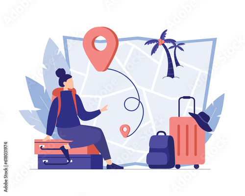 Female character sits on packed suitcases. Woman is planning summer vacation. Route on map. Tourist with backpack is ready to go on journey. Online application for choosing optimal tour