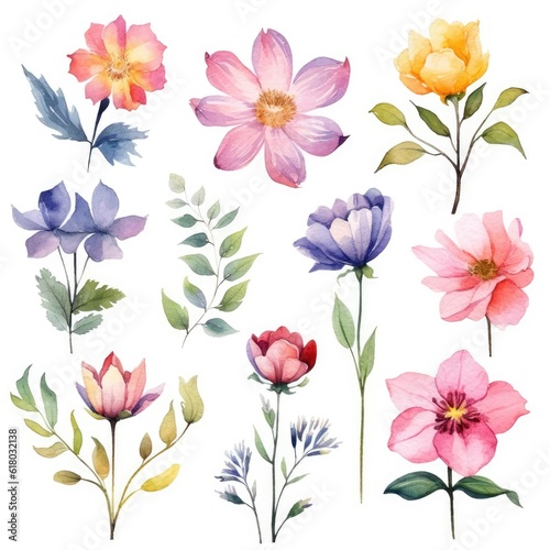 Watercolor flowers. Set Watercolor of multicolored colorful soft flowers. Flowers are isolated on a white background. Flowers pastel colors © Nikolai