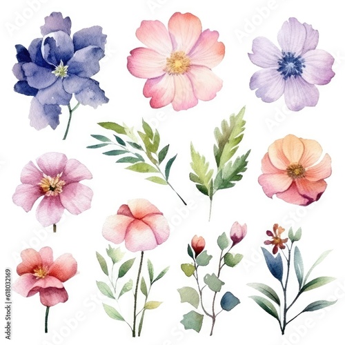 Watercolor flowers. Set Watercolor of multicolored colorful soft flowers. Flowers are isolated on a white background. Flowers pastel colors