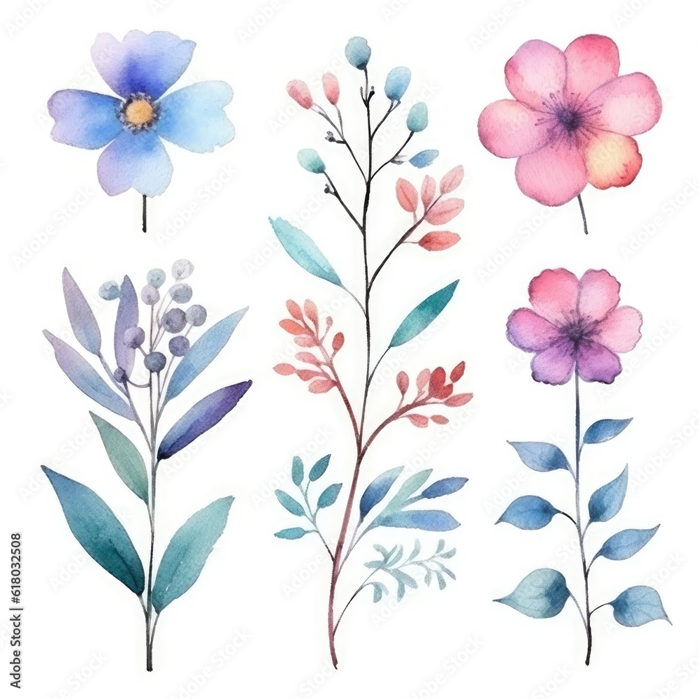 Watercolor flowers. Set Watercolor of multicolored colorful soft flowers. Flowers are isolated on a white background. Flowers pastel colors