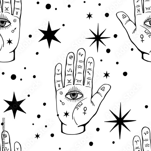 Magic seamless pattern. All-seeing eyes on the palms of the hand. Mystical background. Vector Boho illustration for palmist, numerology and astrology.