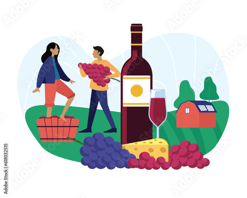 Female character presses grapes in wooden barrel. Man carries new batch of berries. Making wine at home. Family business. Place for tasting excursions